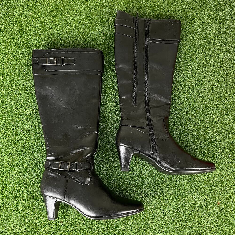 Aerosoles Black Leather Credenza Knee High Wild Calf Heeled Boots Sz 9M